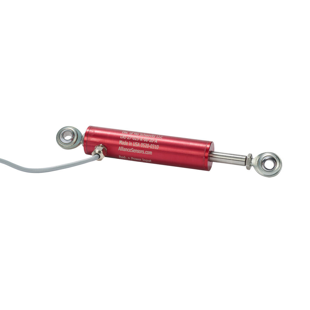 Alliance Sensors inductive linear position sensor, pivoting slide, 25mm stroke, 4-20 mA output, 27mm diameter x 114.3mm body, rod eyes mount, pigtail, 3.2ft/1m cable length.-LRI27-025R-00-20A