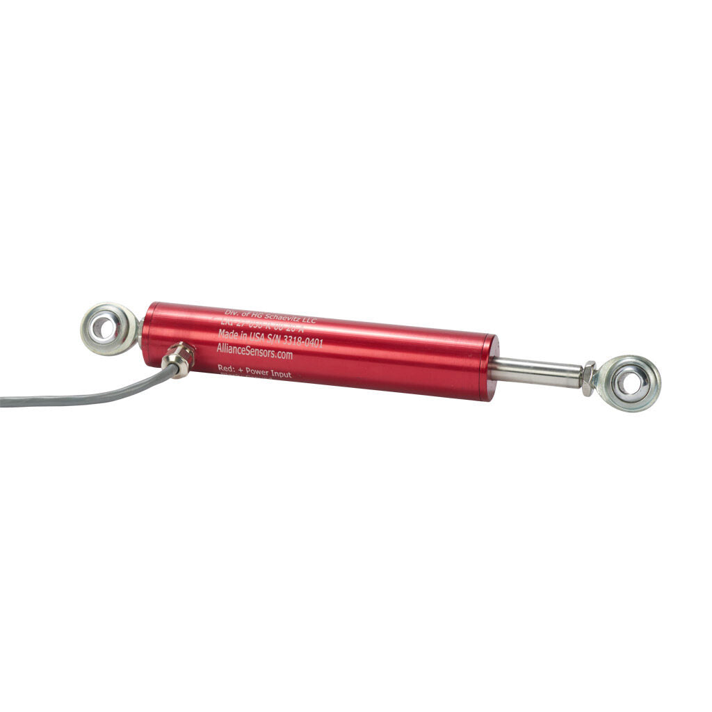 Alliance Sensors inductive linear position sensor, pivoting slide, 50mm stroke, 4-20 mA output, 27mm diameter x 127.0mm body, rod eyes mount, pigtail, 3.2ft/1m cable length.-LRI27-050R-00-20A