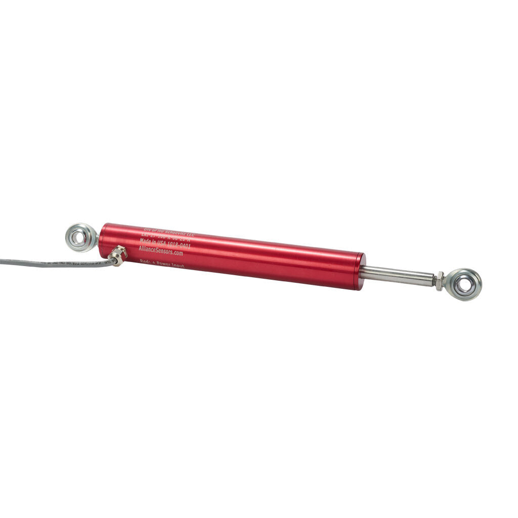 Alliance Sensors inductive linear position sensor, pivoting slide, 100mm stroke, 4-20 mA output, 27mm diameter x 177.8mm body, rod eyes mount, pigtail, 3.2ft/1m cable length.-LRI27-100R-00-20A