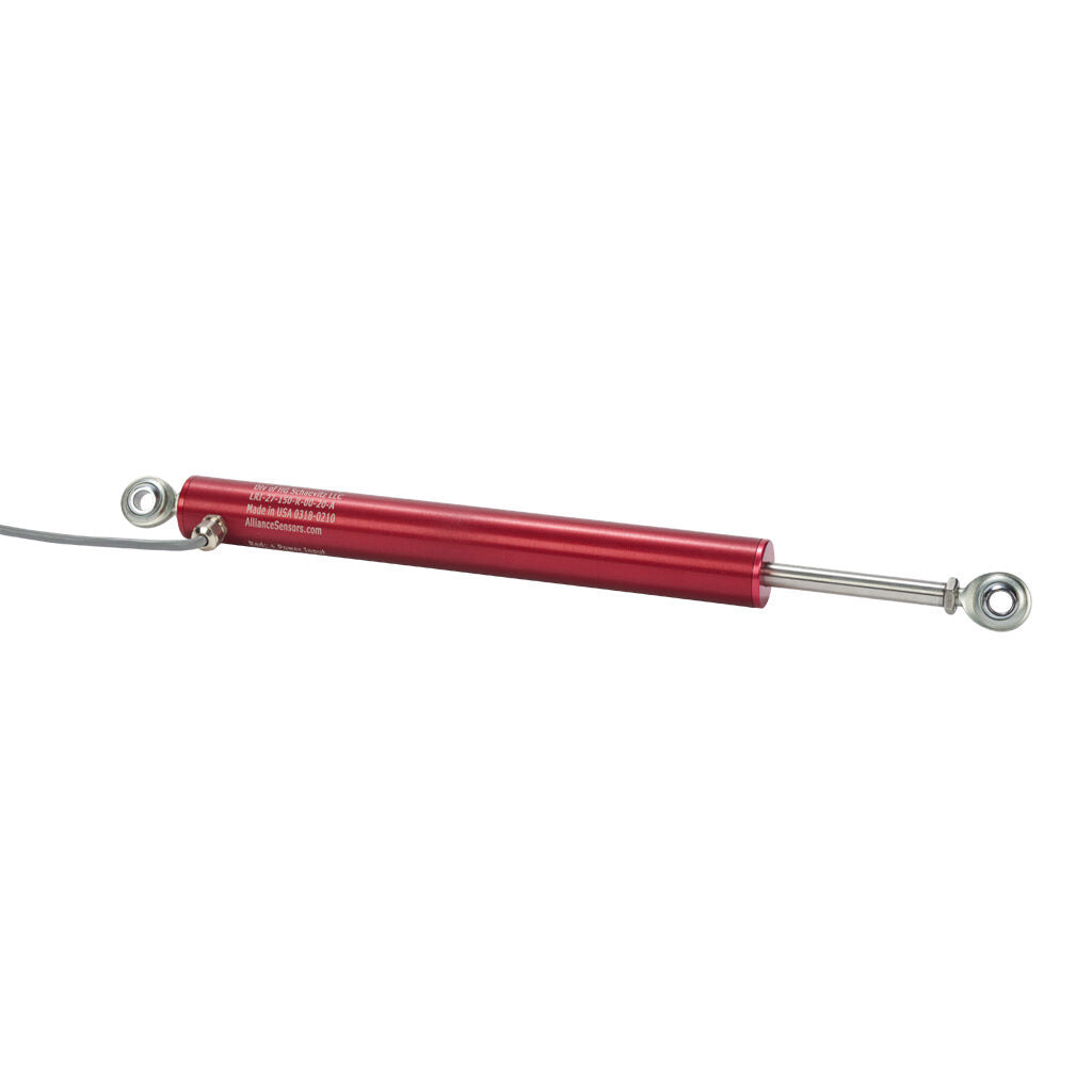 Alliance Sensors inductive linear position sensor, pivoting slide, 150mm stroke, 4-20 mA output, 27mm diameter x 228.6mm body, rod eyes mount, pigtail, 3.2ft/1m cable length.-LRI27-150R-00-20A