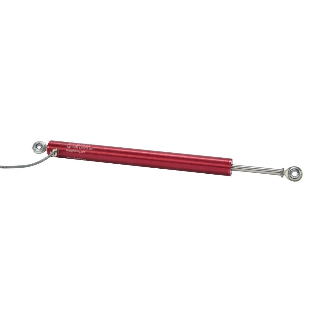Alliance Sensors inductive linear position sensor, pivoting slide, 200mm stroke, 0-10 VDC output, 27mm diameter x 292.1mm body, rod eyes mount, pigtail, 3.2ft/1m cable length.-LRLE27-200R-00-10A