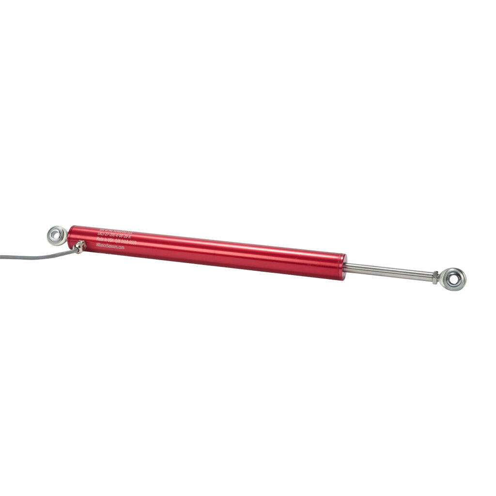 Alliance Sensors inductive linear position sensor, pivoting slide, 200mm stroke, 4-20 mA output, 27mm diameter x 292.1mm body, rod eyes mount, pigtail, 3.2ft/1m cable length.-LRLI27-200R-00-20A