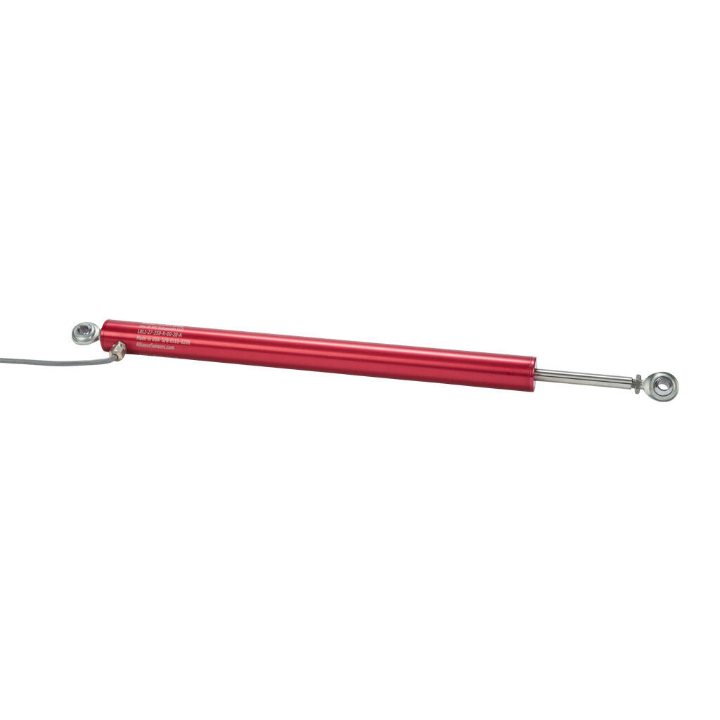 Alliance Sensors inductive linear position sensor, pivoting slide, 250mm stroke, 4-20 mA output, 27mm diameter x 342.0mm body, rod eyes mount, pigtail, 3.2ft/1m cable length.-LRLI27-250R-00-20A