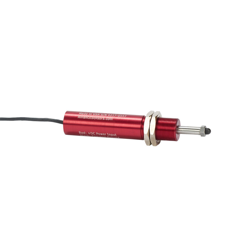 Alliance Sensors inductive linear position sensor, spring loaded slide, 12.5mm stroke, 4-20 mA output, 19mm diameter x 88.9mm body, M18 x 1 mount, pigtail, 3.2ft/1m cable length.-LRSI18-013A-00-20A