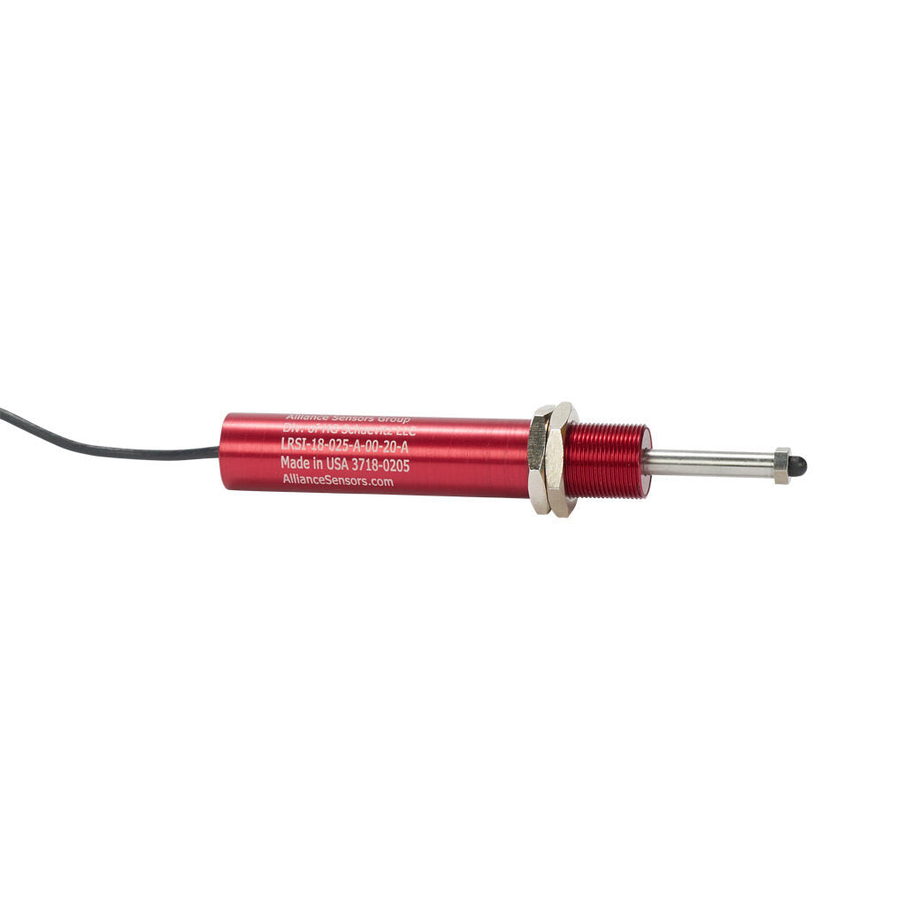 Alliance Sensors inductive linear position sensor, spring loaded slide, 25mm stroke, 4-20 mA output, 19mm diameter x 101.6mm body, M18 x 1 mount, pigtail, 3.2ft/1m cable length.-LRSI18-025A-00-20A
