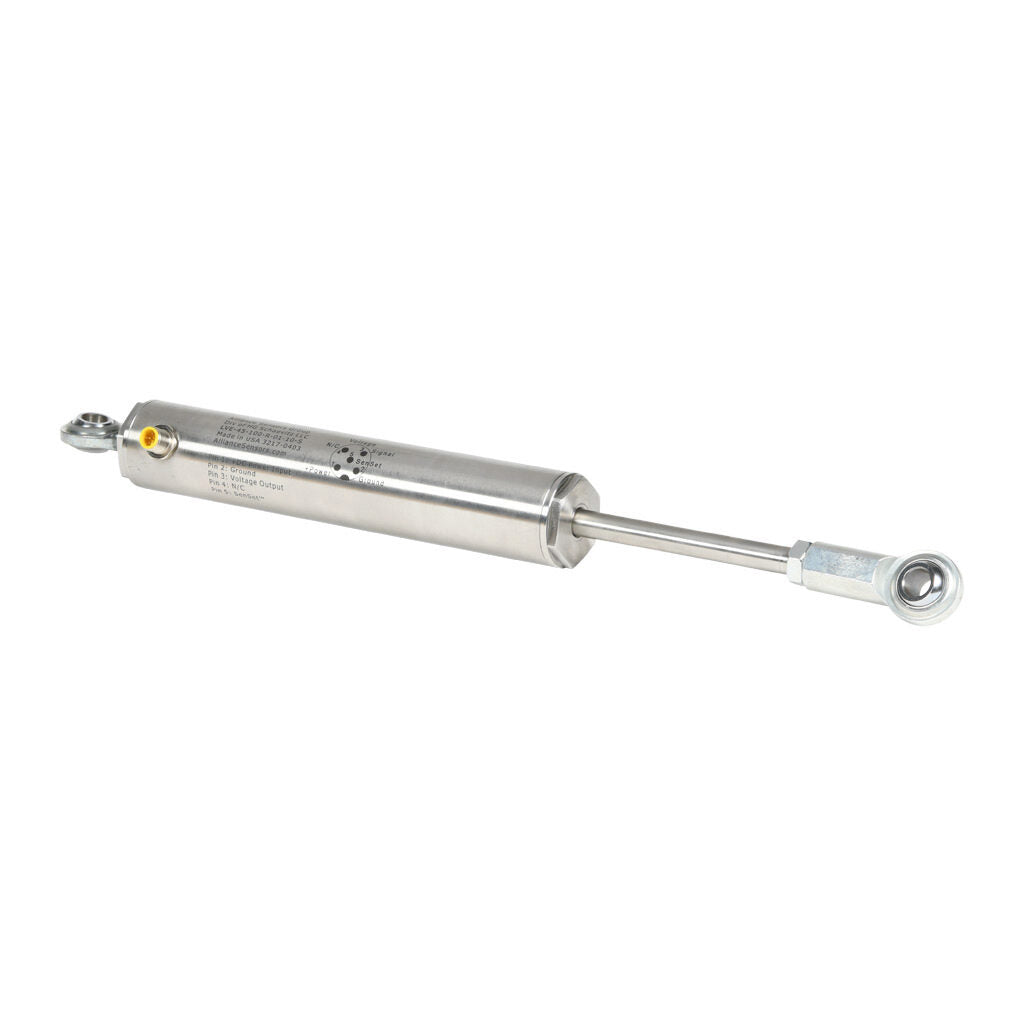 Alliance Sensors inductive linear position sensor, pivoting slide, 100mm stroke, 12.5mm shaft diameter, 0-10 VDC output, 45mm diameter x 250.9mm body, rod eyes mount, 5-pin M12 quick-disconnect.-LVE45-100R-01-10S