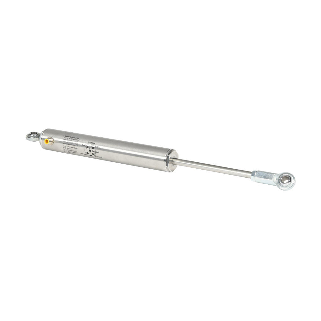 Alliance Sensors inductive linear position sensor, pivoting slide, 150mm stroke, 12.5mm shaft diameter, 0-10 VDC output, 45mm diameter x 301.7mm body, rod eyes mount, 5-pin M12 quick-disconnect.-LVE45-150R-01-10S