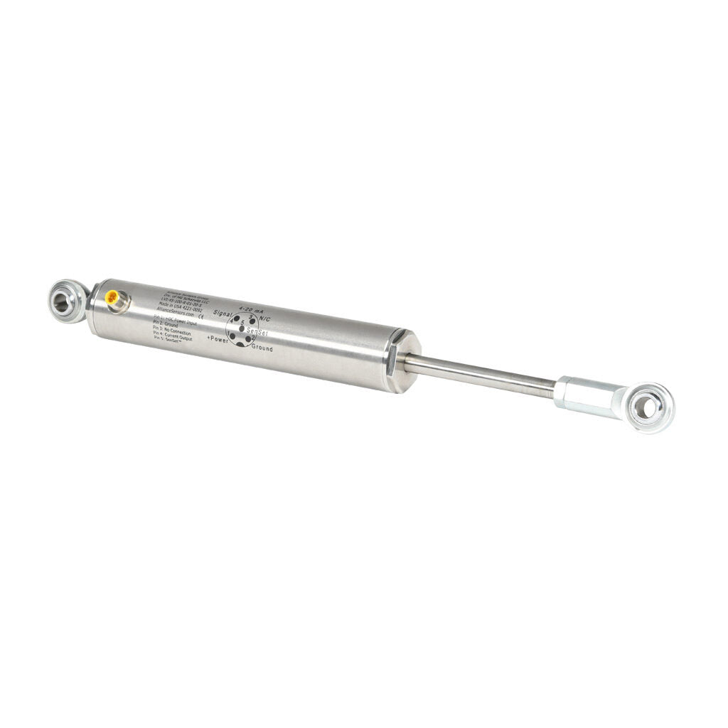 Alliance Sensors inductive linear position sensor, pivoting slide, 100mm stroke, 12.5mm shaft diameter, 4-20 mA output, 45mm diameter x 250.9mm body, rod eyes mount, 5-pin M12 quick-disconnect.-LVI45-100R-01-20S