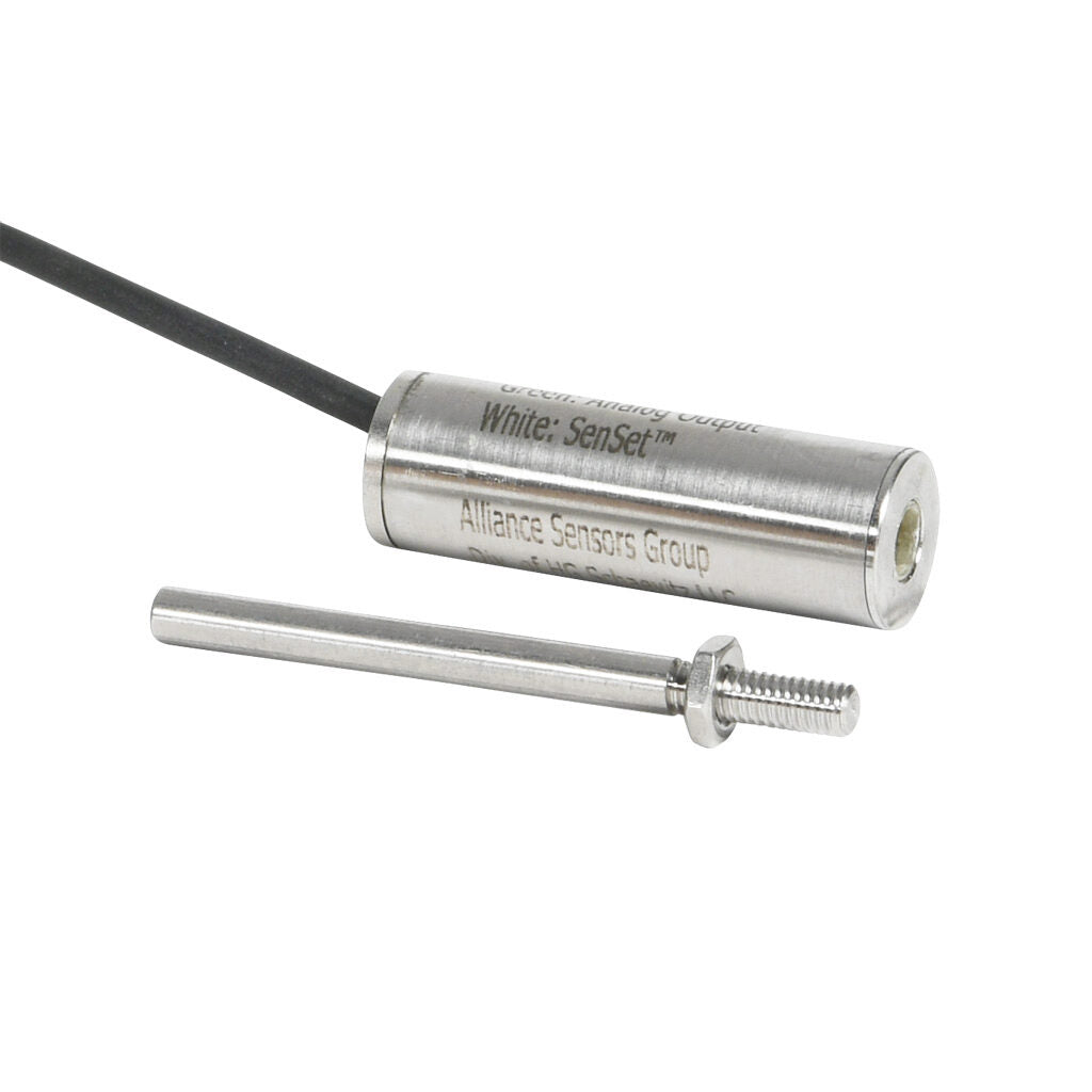Alliance Sensors inductive linear position sensor, fixed slide, 25mm stroke, 4mm shaft diameter, 0-10 VDC output, 12.7mm diameter x 35.8mm body, M4 x 0.7 mount, pigtail, 3.2ft/1m cable length.-LZE13-025A-00-10S