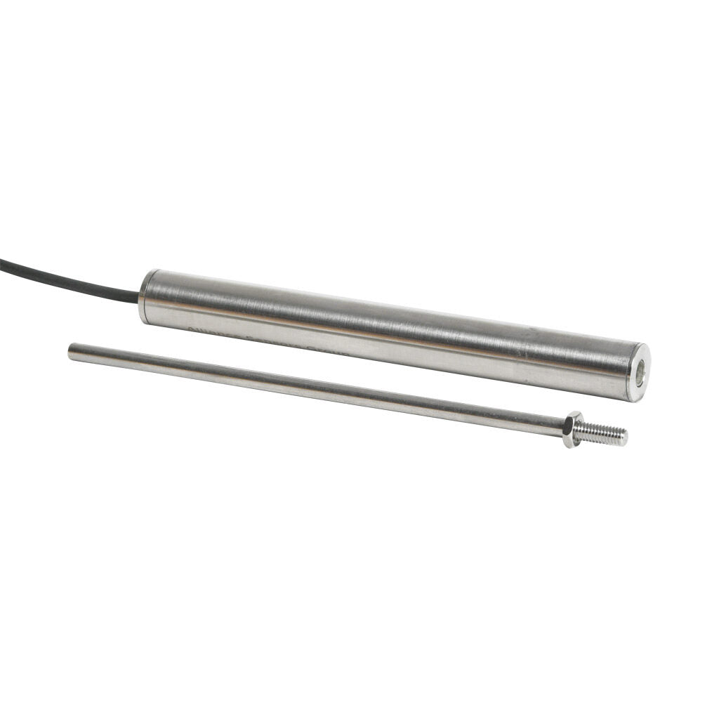 Alliance Sensors inductive linear position sensor, fixed slide, 100mm stroke, 4mm shaft diameter, 0-10 VDC output, 12.7mm diameter x 112mm body, M4 x 0.7 mount, pigtail, 3.2ft/1m cable length.-LZE13-100A-00-10S