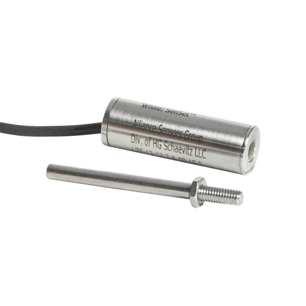 Alliance Sensors inductive linear position sensor, fixed slide, 12.7mm stroke, 4mm shaft diameter, 0-10 VDC output, 12.7mm diameter x 35.8mm body, M4 x 0.7 mount, pigtail, 3.2ft/1m cable length.-LZE13-12.7A-00-10S