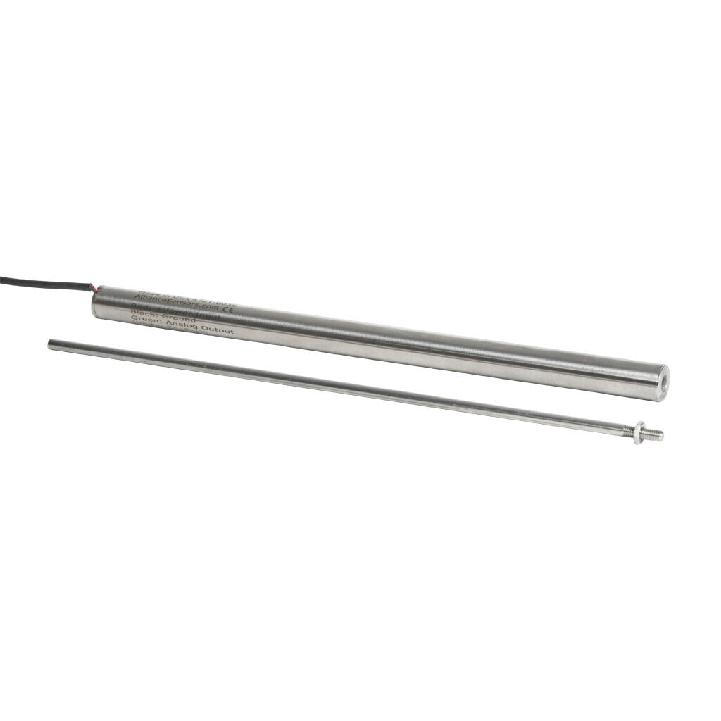 Alliance Sensors inductive linear position sensor, fixed slide, 200mm stroke, 4mm shaft diameter, 0-10 VDC output, 12.7mm diameter x 215.9mm body, M4 x 0.7 mount, pigtail, 3.2ft/1m cable length.-LZE13-200A-00-10S