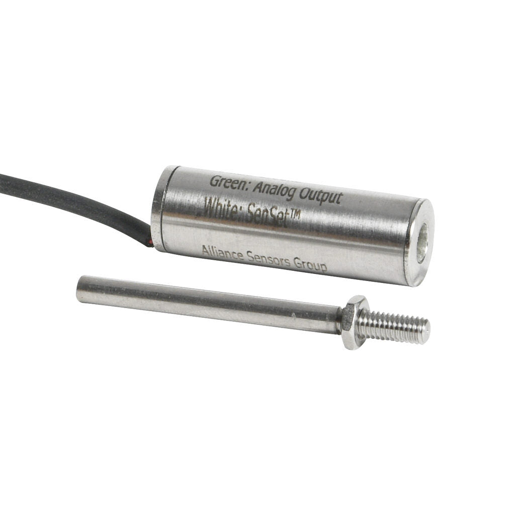 Alliance Sensors inductive linear position sensor, fixed slide, 2.5mm stroke, 4mm shaft diameter, 0-10 VDC output, 12.7mm diameter x 35.8mm body, M4 x 0.7 mount, pigtail, 3.2ft/1m cable length.-LZE13-2.5A-00-10S