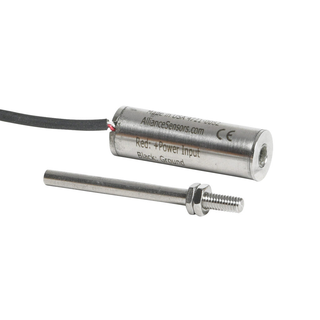 Alliance Sensors inductive linear position sensor, fixed slide, 6.4mm stroke, 4mm shaft diameter, 0-10 VDC output, 12.7mm diameter x 35.8mm body, M4 x 0.7 mount, pigtail, 3.2ft/1m cable length.-LZE13-6.4A-00-10S