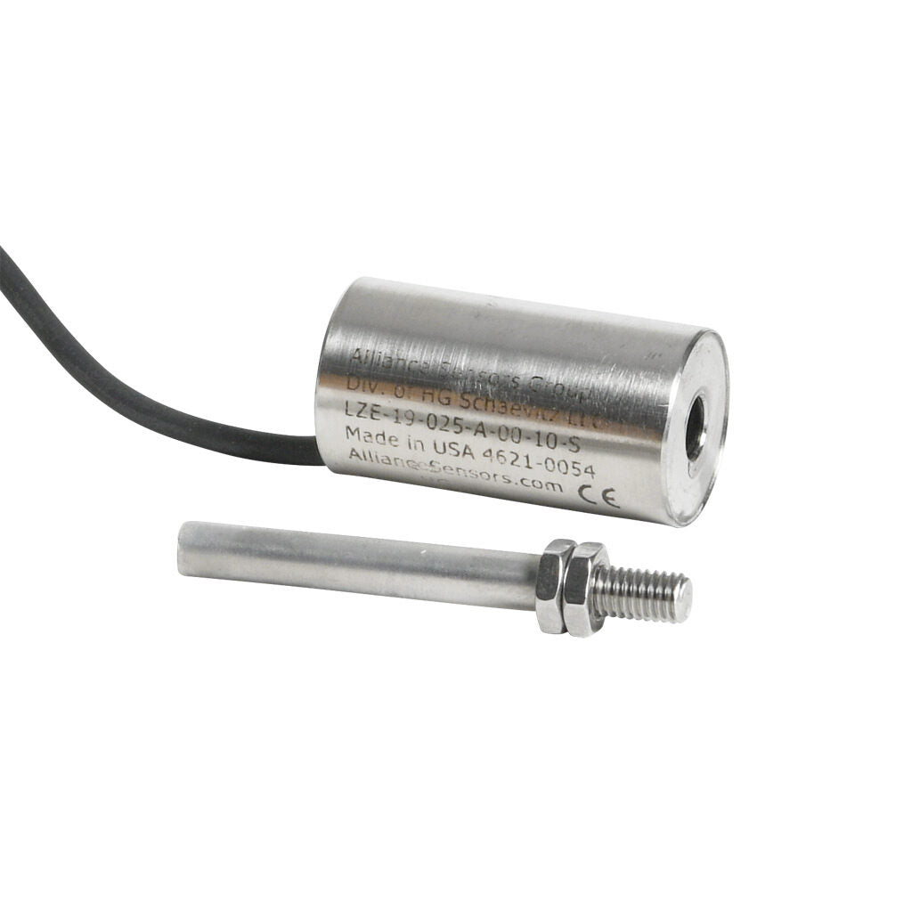 Alliance Sensors inductive linear position sensor, fixed slide, 25mm stroke, 5.2mm shaft diameter, 0-10 VDC output, 19mm diameter x 35mm body, M5 x 0.8 mount, pigtail, 3.2ft/1m cable length.-LZE19-025A-00-10S