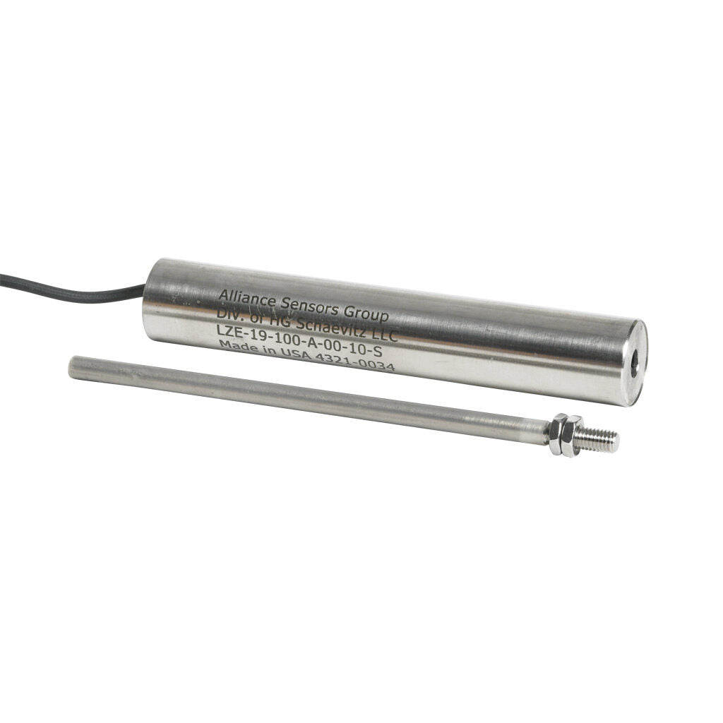 Alliance Sensors inductive linear position sensor, fixed slide, 100mm stroke, 5.2mm shaft diameter, 0-10 VDC output, 19mm diameter x 111.1mm body, M5 x 0.8 mount, pigtail, 3.2ft/1m cable length.-LZE19-100A-00-10S