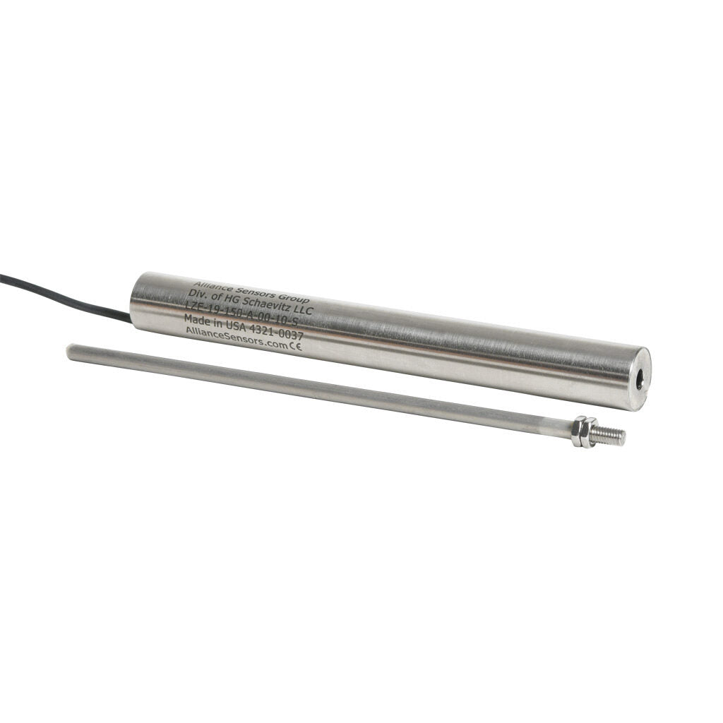 Alliance Sensors inductive linear position sensor, fixed slide, 150mm stroke, 5.2mm shaft diameter, 0-10 VDC output, 19mm diameter x 165.1mm body, M5 x 0.8 mount, pigtail, 3.2ft/1m cable length.-LZE19-150A-00-10S