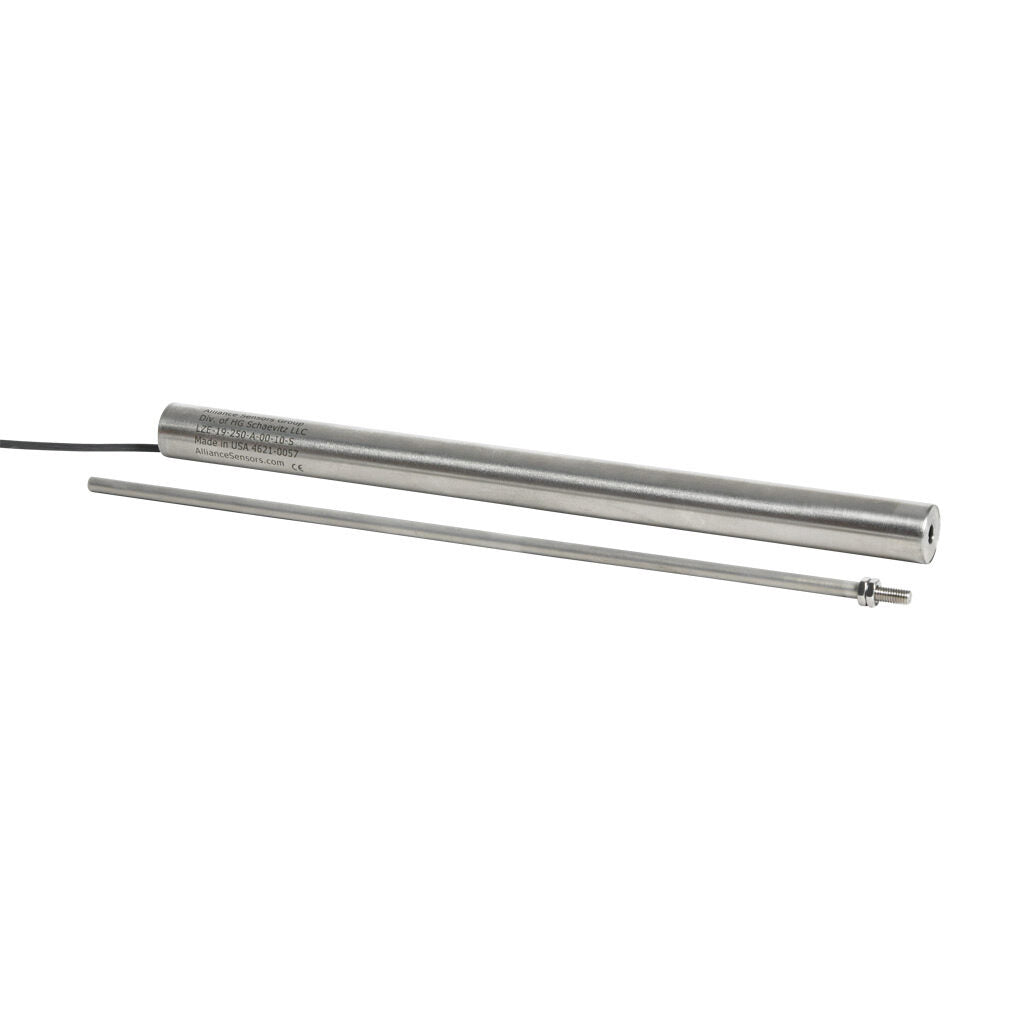 Alliance Sensors inductive linear position sensor, fixed slide, 250mm stroke, 5.2mm shaft diameter, 0-10 VDC output, 19mm diameter x 266.7mm body, M5 x 0.8 mount, pigtail, 3.2ft/1m cable length.-LZE19-250A-00-10S