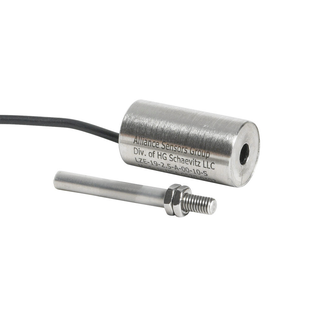 Alliance Sensors inductive linear position sensor, fixed slide, 2.5mm stroke, 5.2mm shaft diameter, 0-10 VDC output, 19mm diameter x 35mm body, M5 x 0.8 mount, pigtail, 3.2ft/1m cable length.-LZE19-2.5A-00-10S