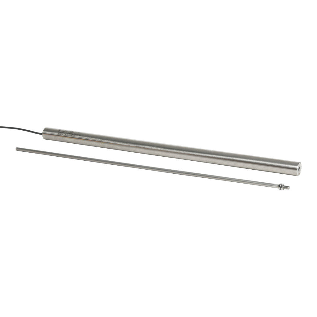 Alliance Sensors inductive linear position sensor, fixed slide, 375mm stroke, 5.2mm shaft diameter, 0-10 VDC output, 19mm diameter x 400mm body, M5 x 0.8 mount, pigtail, 3.2ft/1m cable length.-LZE19-375A-00-10S