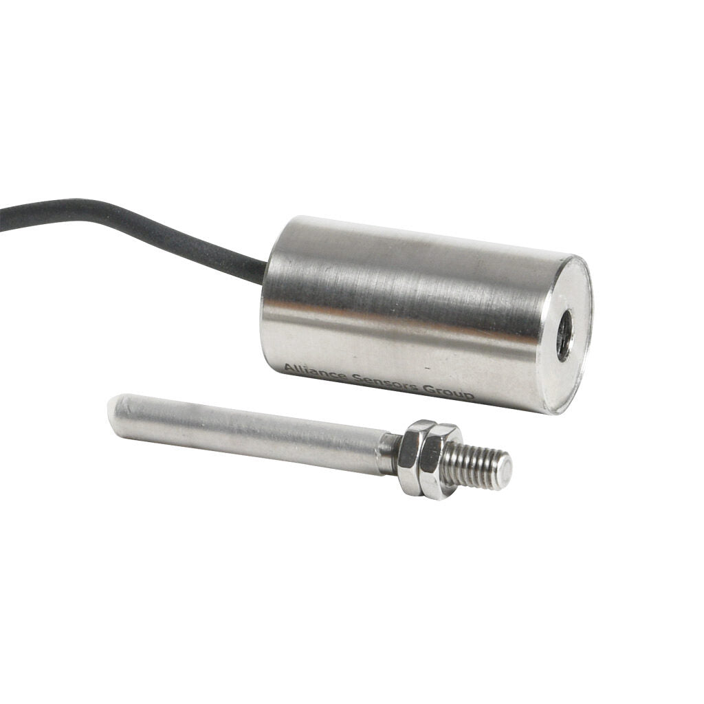 Alliance Sensors inductive linear position sensor, fixed slide, 6.4mm stroke, 5.2mm shaft diameter, 0-10 VDC output, 19mm diameter x 35mm body, M5 x 0.8 mount, pigtail, 3.2ft/1m cable length.-LZE19-6.4A-00-10S