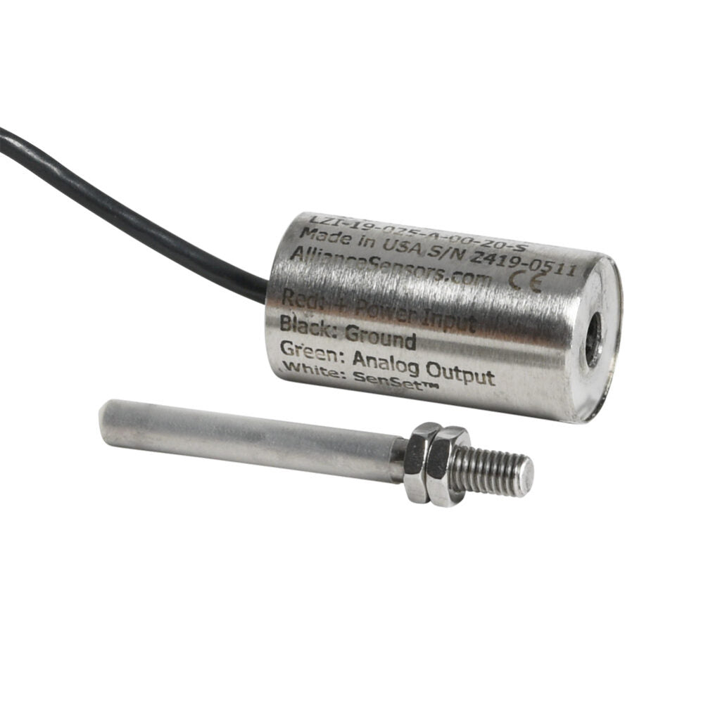 Alliance Sensors inductive linear position sensor, fixed slide, 25mm stroke, 5.2mm shaft diameter, 4-20 mA output, 19mm diameter x 35mm body, M5 x 0.8 mount, pigtail, 3.2ft/1m cable length.-LZI19-025A-00-20S