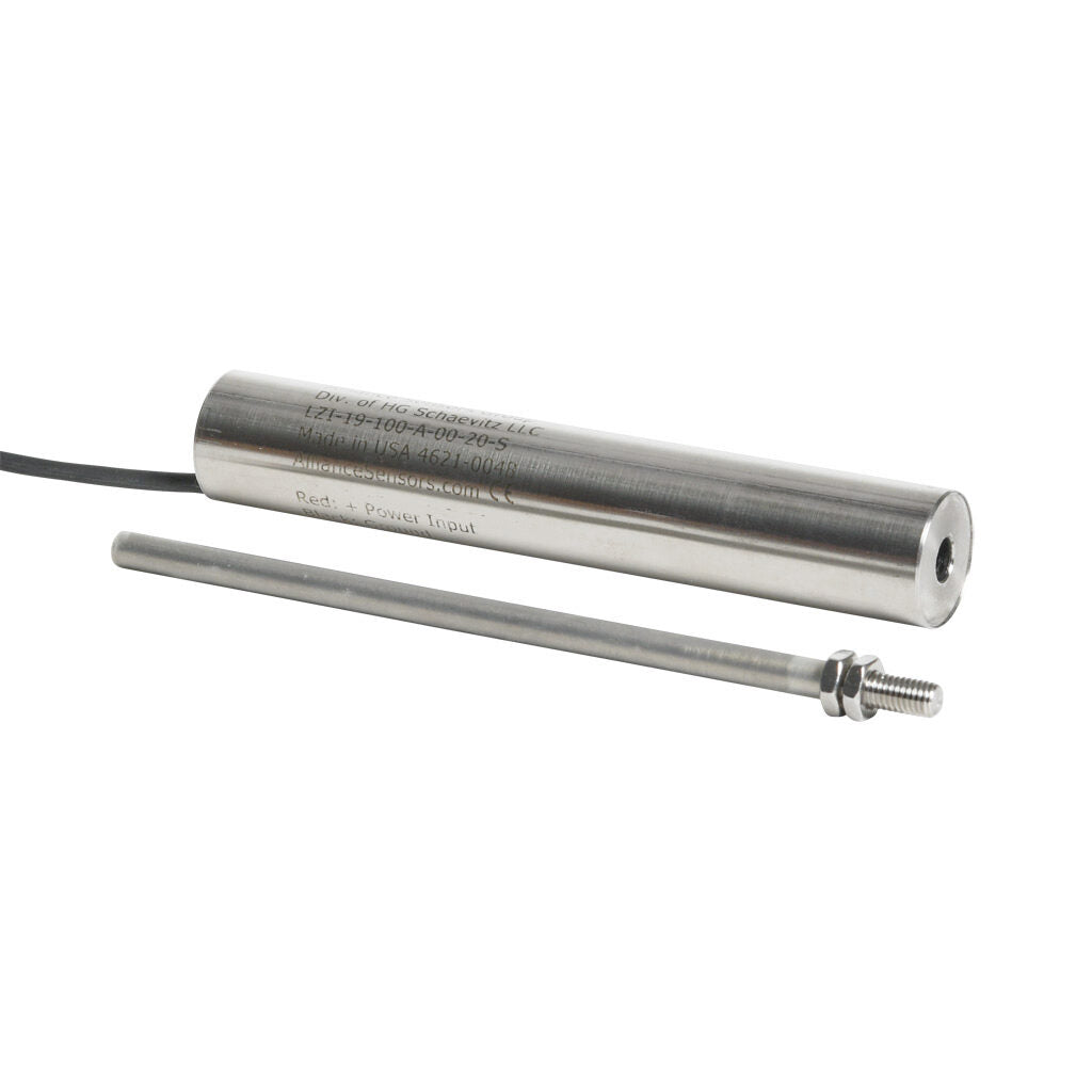 Alliance Sensors inductive linear position sensor, fixed slide, 100mm stroke, 5.2mm shaft diameter, 4-20 mA output, 19mm diameter x 111.1mm body, M5 x 0.8 mount, pigtail, 3.2ft/1m cable length.-LZI19-100A-00-20S