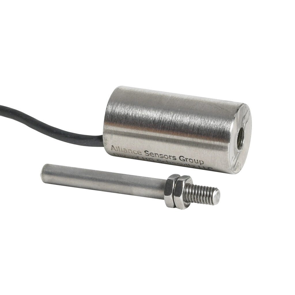 Alliance Sensors inductive linear position sensor, fixed slide, 12.7mm stroke, 5.2mm shaft diameter, 4-20 mA output, 19mm diameter x 35mm body, M5 x 0.8 mount, pigtail, 3.2ft/1m cable length.-LZI19-12.7A-00-20S