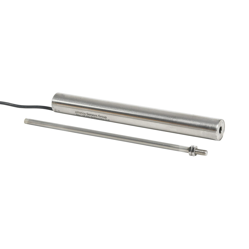 Alliance Sensors inductive linear position sensor, fixed slide, 150mm stroke, 5.2mm shaft diameter, 4-20 mA output, 19mm diameter x 165.1mm body, M5 x 0.8 mount, pigtail, 3.2ft/1m cable length.-LZI19-150A-00-20S