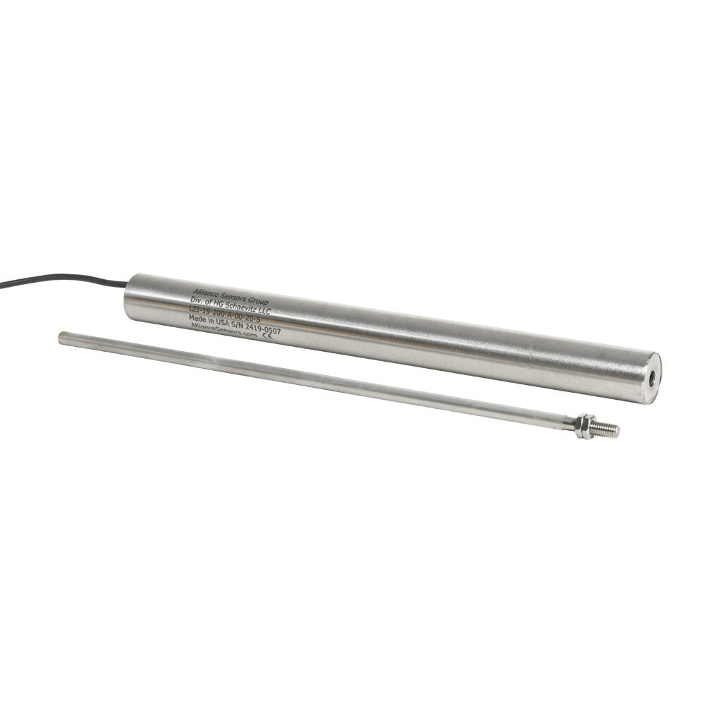 Alliance Sensors inductive linear position sensor, fixed slide, 200mm stroke, 5.2mm shaft diameter, 4-20 mA output, 19mm diameter x 215.9mm body, M5 x 0.8 mount, pigtail, 3.2ft/1m cable length.-LZI19-200A-00-20S