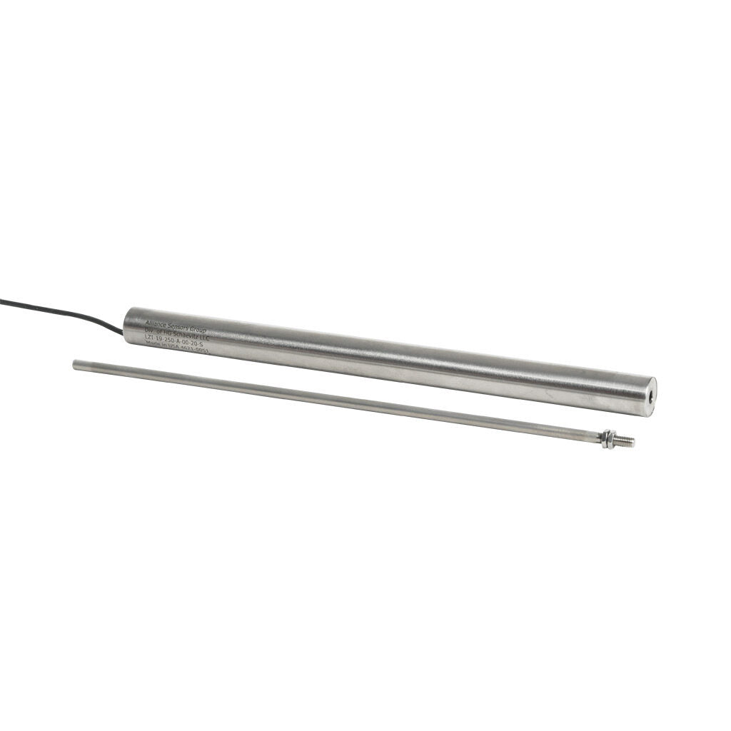 Alliance Sensors inductive linear position sensor, fixed slide, 250mm stroke, 5.2mm shaft diameter, 4-20 mA output, 19mm diameter x 266.7mm body, M5 x 0.8 mount, pigtail, 3.2ft/1m cable length.-LZI19-250A-00-20S