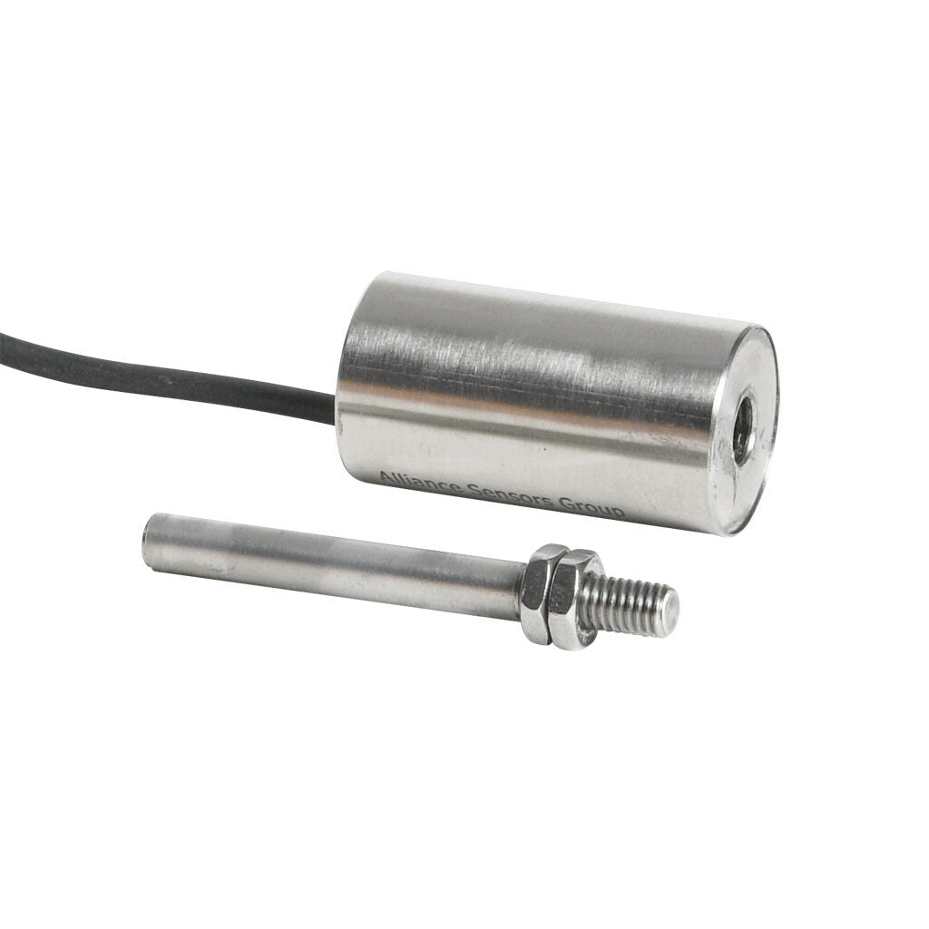 Alliance Sensors inductive linear position sensor, fixed slide, 2.5mm stroke, 5.2mm shaft diameter, 4-20 mA output, 19mm diameter x 35mm body, M5 x 0.8 mount, pigtail, 3.2ft/1m cable length.-LZI19-2.5A-00-20S