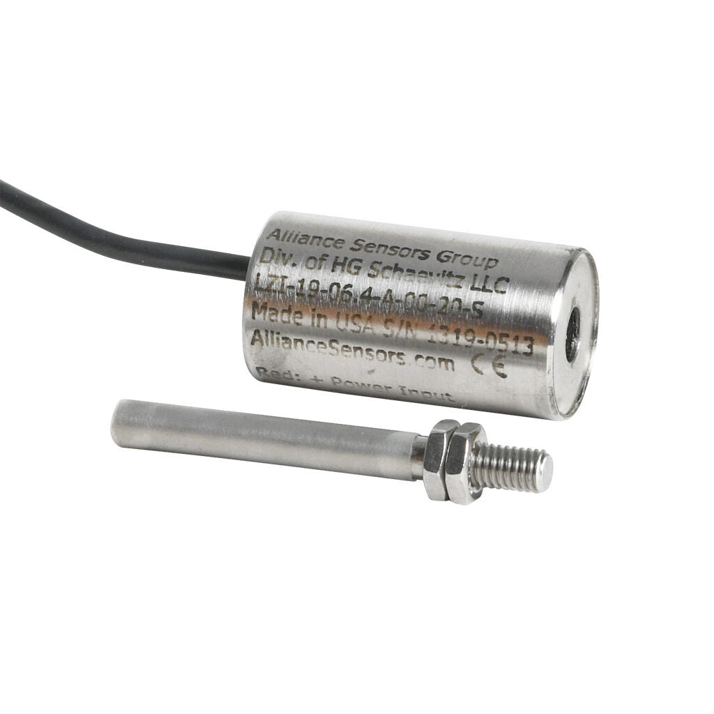 Alliance Sensors inductive linear position sensor, fixed slide, 6.4mm stroke, 5.2mm shaft diameter, 4-20 mA output, 19mm diameter x 35mm body, M5 x 0.8 mount, pigtail, 3.2ft/1m cable length.-LZI19-6.4A-00-20S