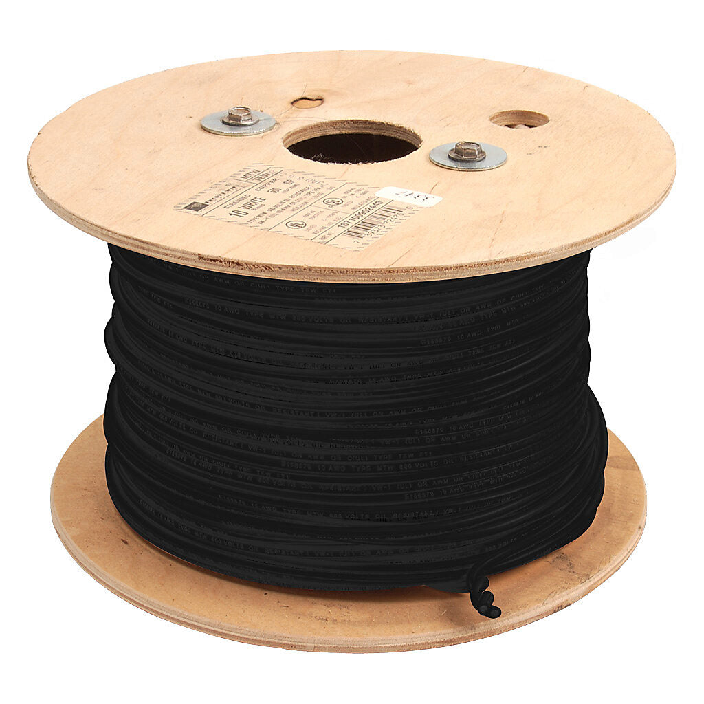 Atlas Wire MTW hook-up wire, single conductor, 10 AWG, 105-stranded, bare copper, PVC conductor insulation material, black, 600V, 500ft reel.-MTW10BK