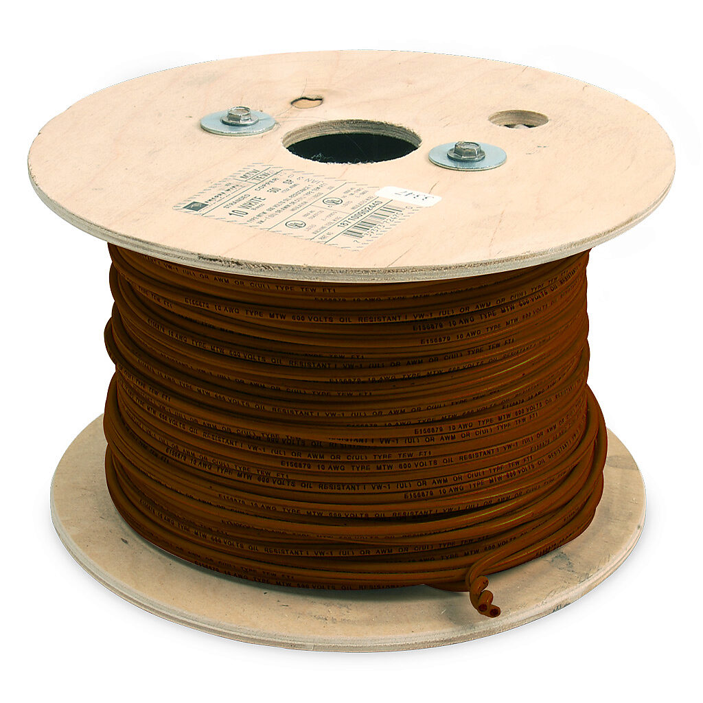 Atlas Wire MTW hook-up wire, single conductor, 10 AWG, 105-stranded, bare copper, PVC conductor insulation material, brown, 600V, 500ft reel.-MTW10BN