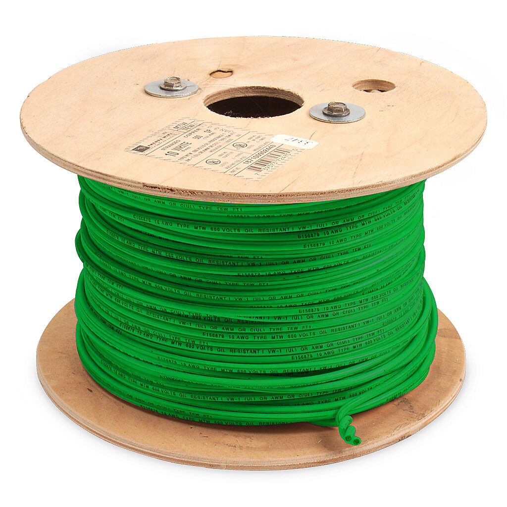 Atlas Wire MTW hook-up wire, single conductor, 10 AWG, 105-stranded, bare copper, PVC conductor insulation material, green, 600V, 500ft reel.-MTW10GN