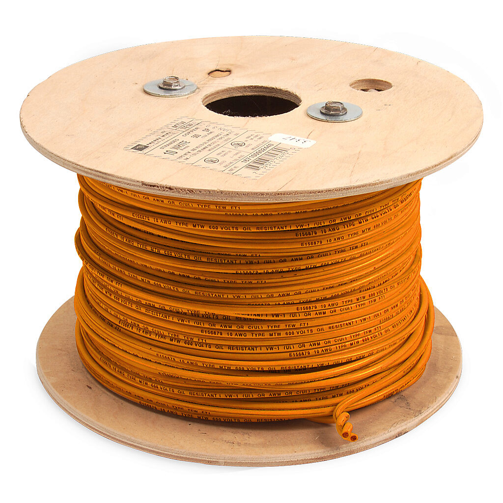 Atlas Wire MTW hook-up wire, single conductor, 10 AWG, 105-stranded, bare copper, PVC conductor insulation material, orange, 600V, 500ft reel.-MTW10OR