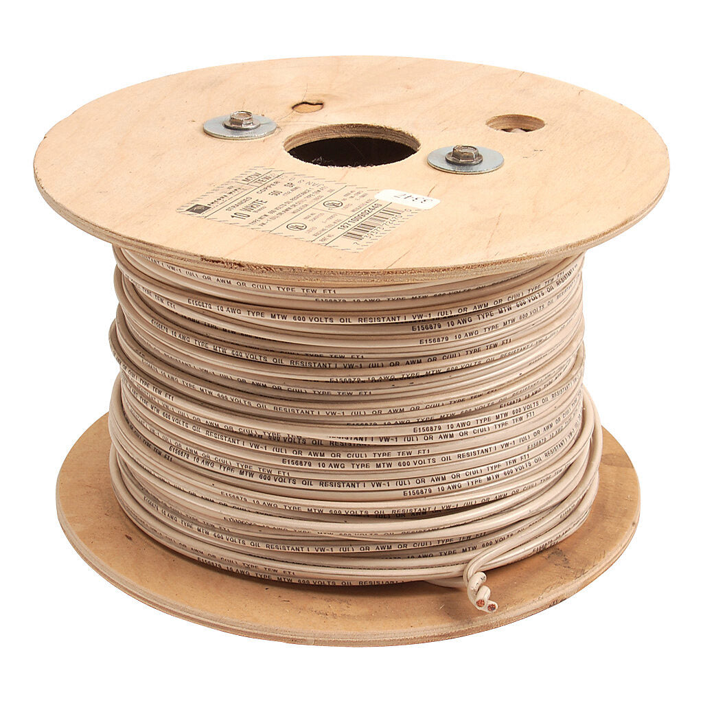 Atlas Wire MTW hook-up wire, single conductor, 10 AWG, 105-stranded, bare copper, PVC conductor insulation material, white, 600V, 500ft reel.-MTW10WH