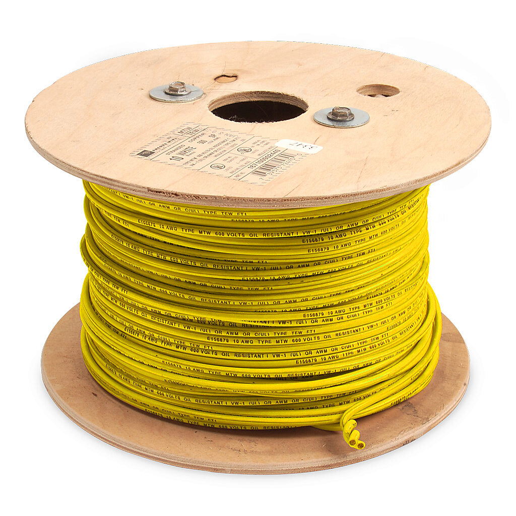 Atlas Wire MTW hook-up wire, single conductor, 10 AWG, 105-stranded, bare copper, PVC conductor insulation material, yellow, 600V, 500ft reel.-MTW10YL