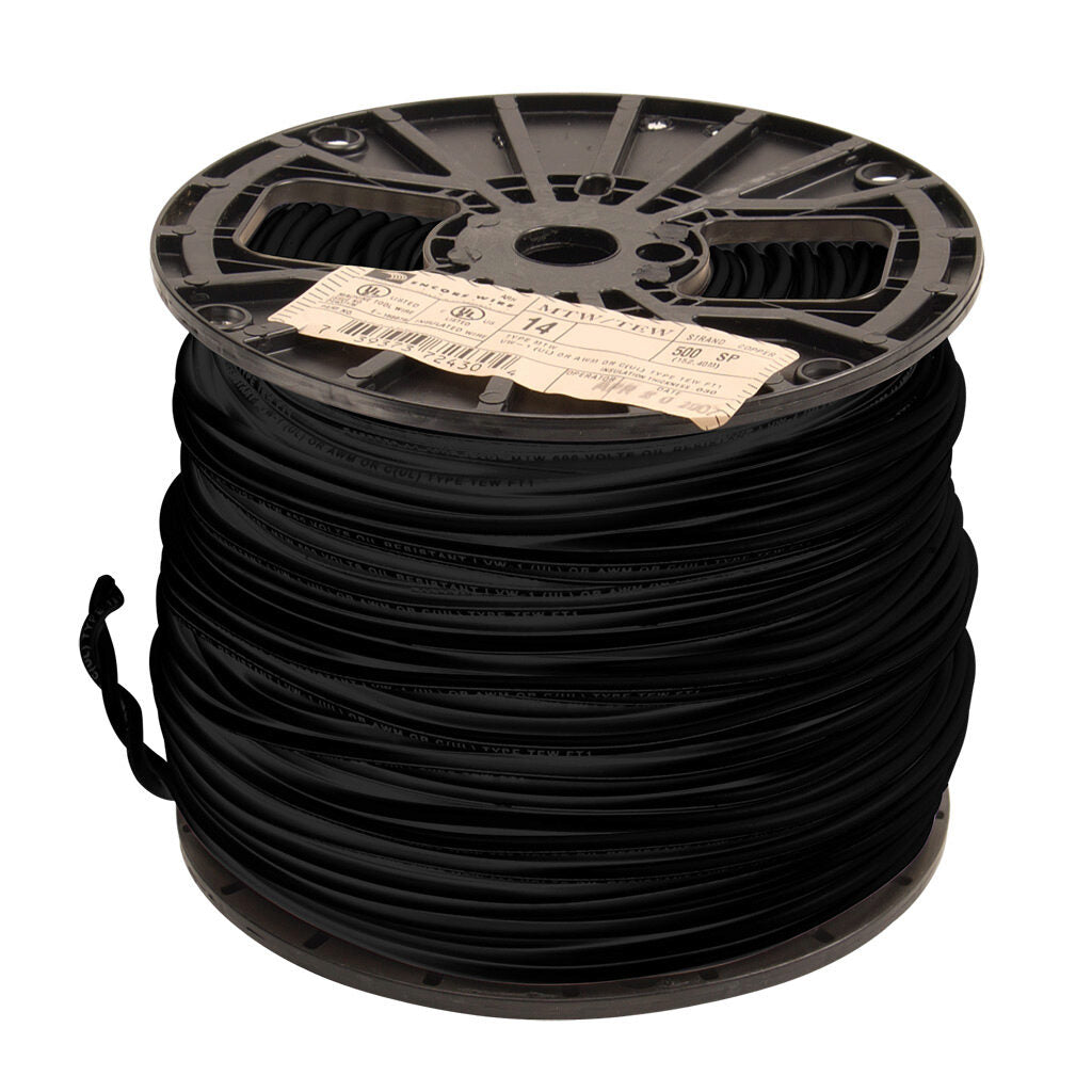 Atlas Wire MTW hook-up wire, single conductor, 14 AWG, 41-stranded, bare copper, PVC conductor insulation material, black, 600V, 500ft spool.-MTW14BK