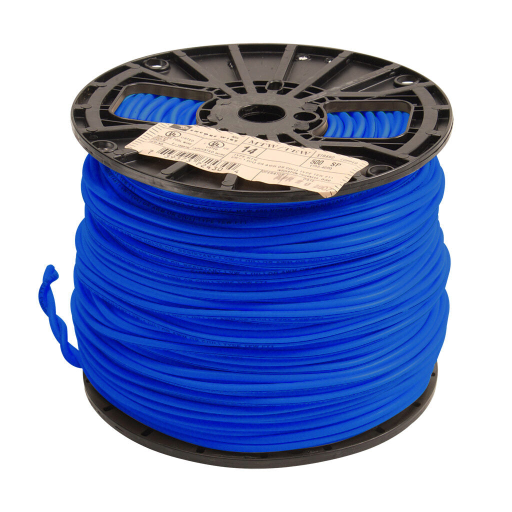 Atlas Wire MTW hook-up wire, single conductor, 14 AWG, 41-stranded, bare copper, PVC conductor insulation material, blue, 600V, 500ft spool.-MTW14BL
