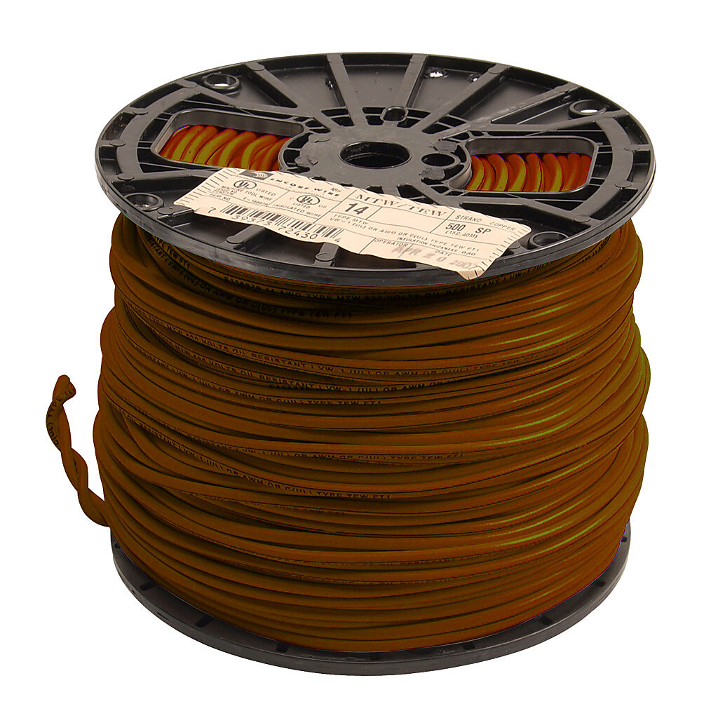 Atlas Wire MTW hook-up wire, single conductor, 14 AWG, 41-stranded, bare copper, PVC conductor insulation material, brown, 600V, 500ft spool.-MTW14BN