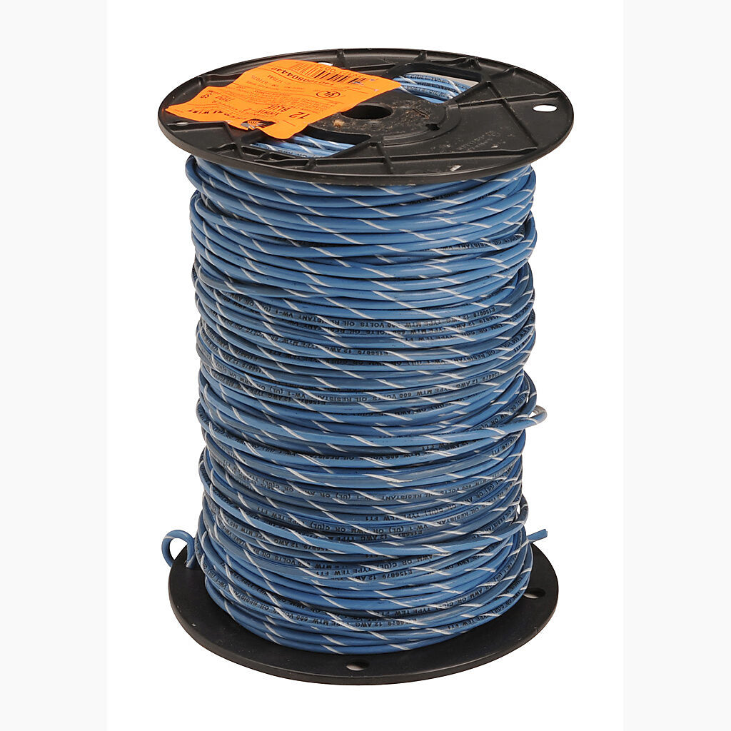 Atlas Wire MTW hook-up wire, single conductor, 14 AWG, 41-stranded, bare copper, PVC conductor insulation material, blue with white stripe, 600V, 500ft spool.-MTW14BW