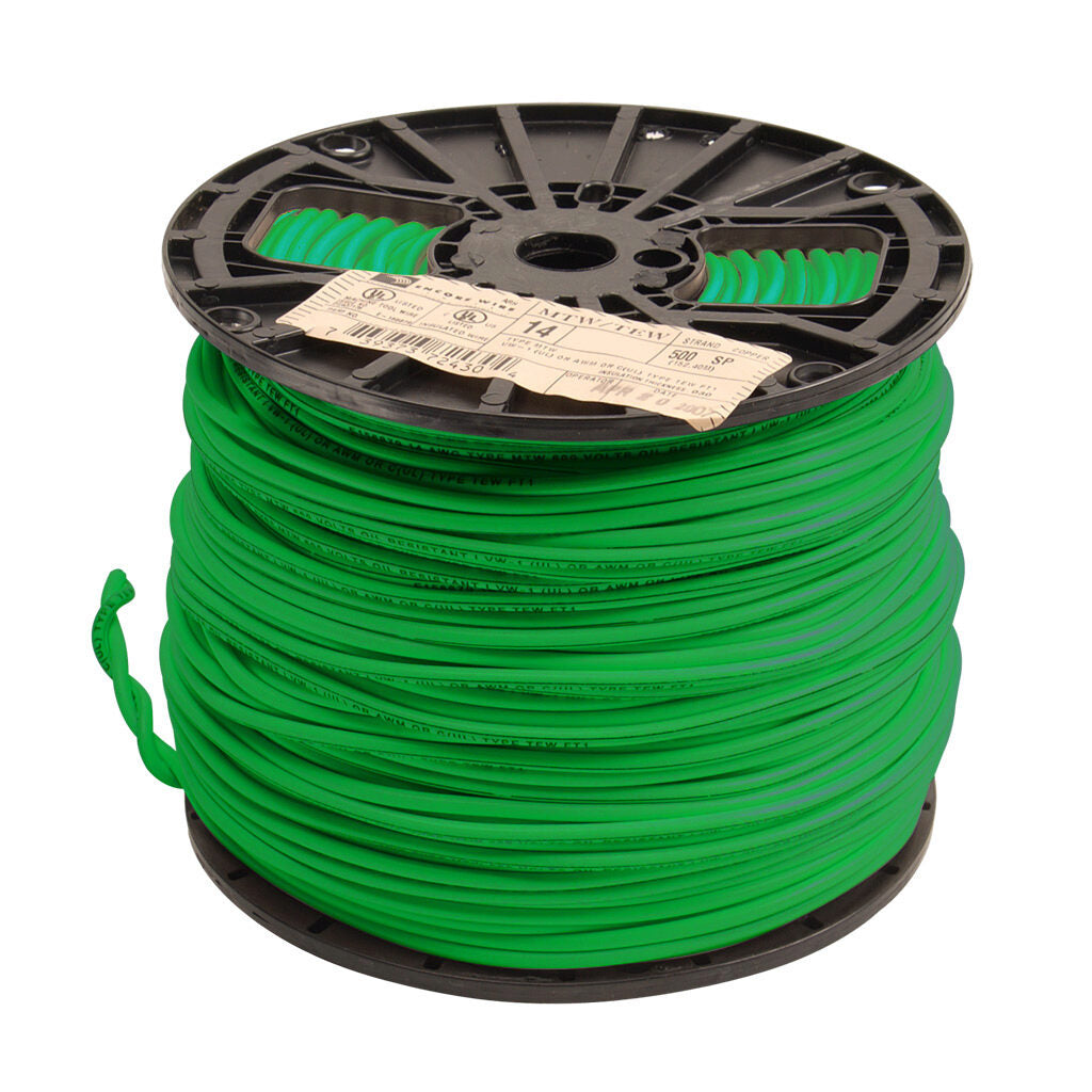 Atlas Wire MTW hook-up wire, single conductor, 14 AWG, 41-stranded, bare copper, PVC conductor insulation material, green, 600V, 500ft spool.-MTW14GN