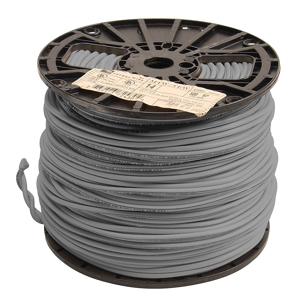 Atlas Wire MTW hook-up wire, single conductor, 14 AWG, 41-stranded, bare copper, PVC conductor insulation material, gray, 600V, 500ft spool.-MTW14GY