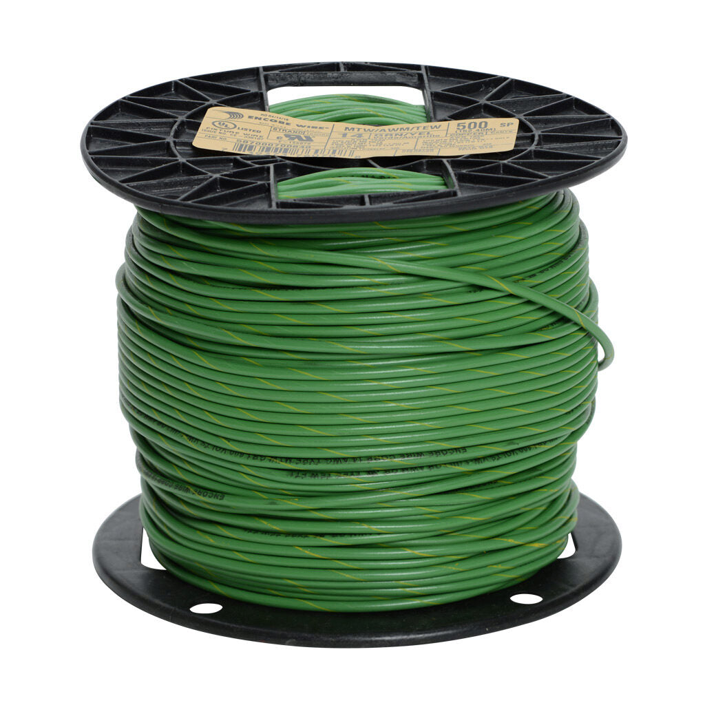 Atlas Wire MTW hook-up wire, single conductor, 14 AWG, 41-stranded, bare copper, PVC conductor insulation material, green with yellow stripe, 600V, 1000ft spool.-MTW14GYL10