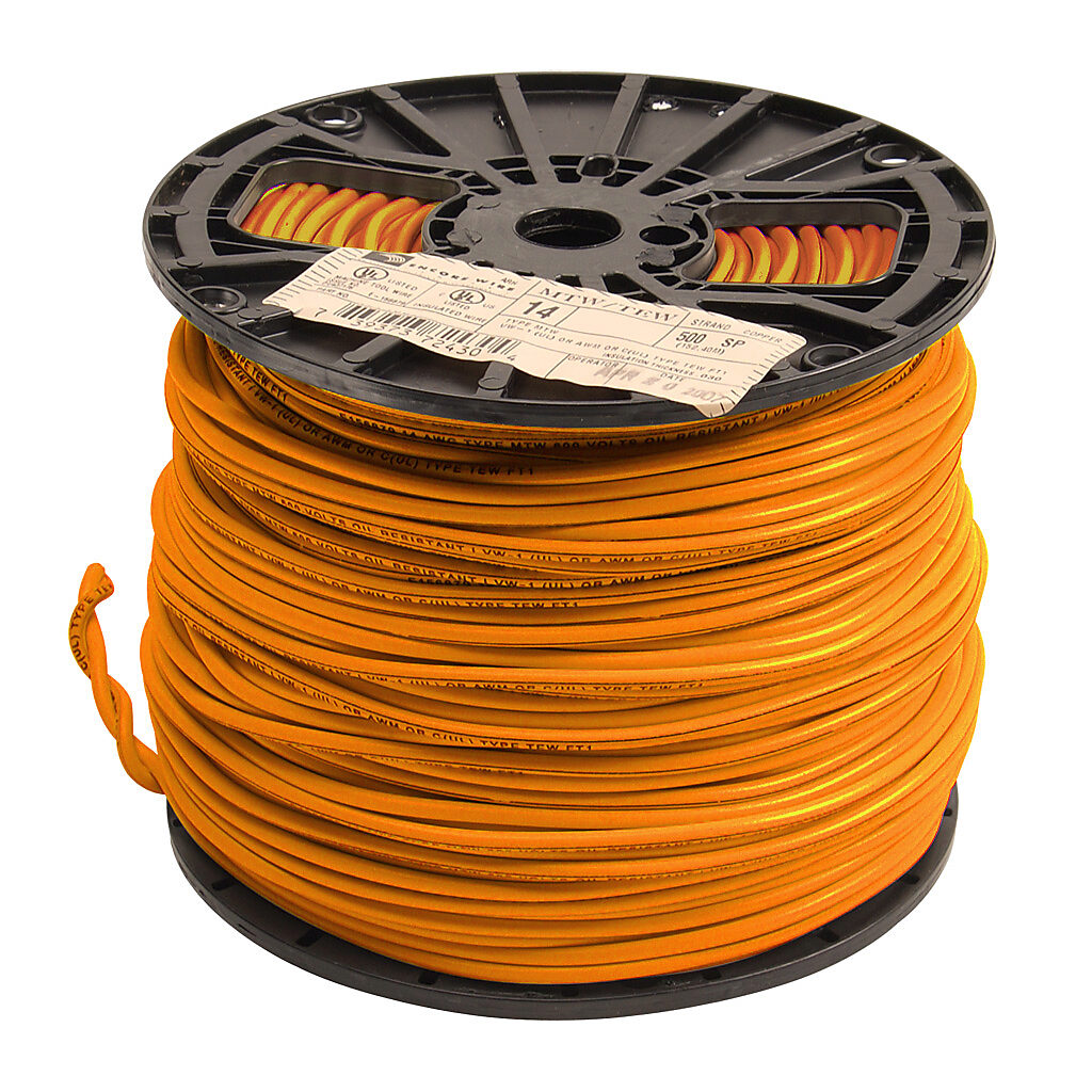 Atlas Wire MTW hook-up wire, single conductor, 14 AWG, 41-stranded, bare copper, PVC conductor insulation material, orange, 600V, 500ft spool.-MTW14OR