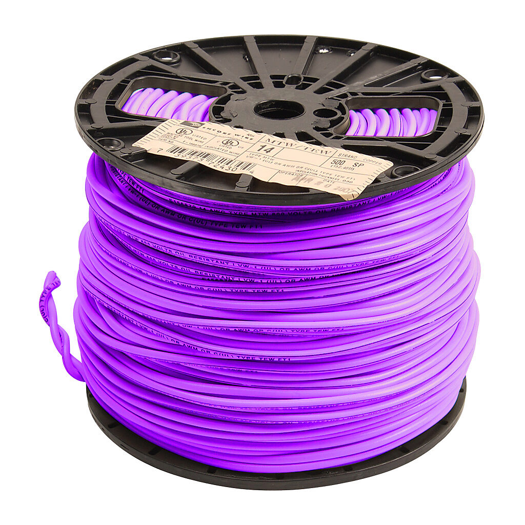 Atlas Wire MTW hook-up wire, single conductor, 14 AWG, 41-stranded, bare copper, PVC conductor insulation material, purple, 600V, 500ft spool.-MTW14PL