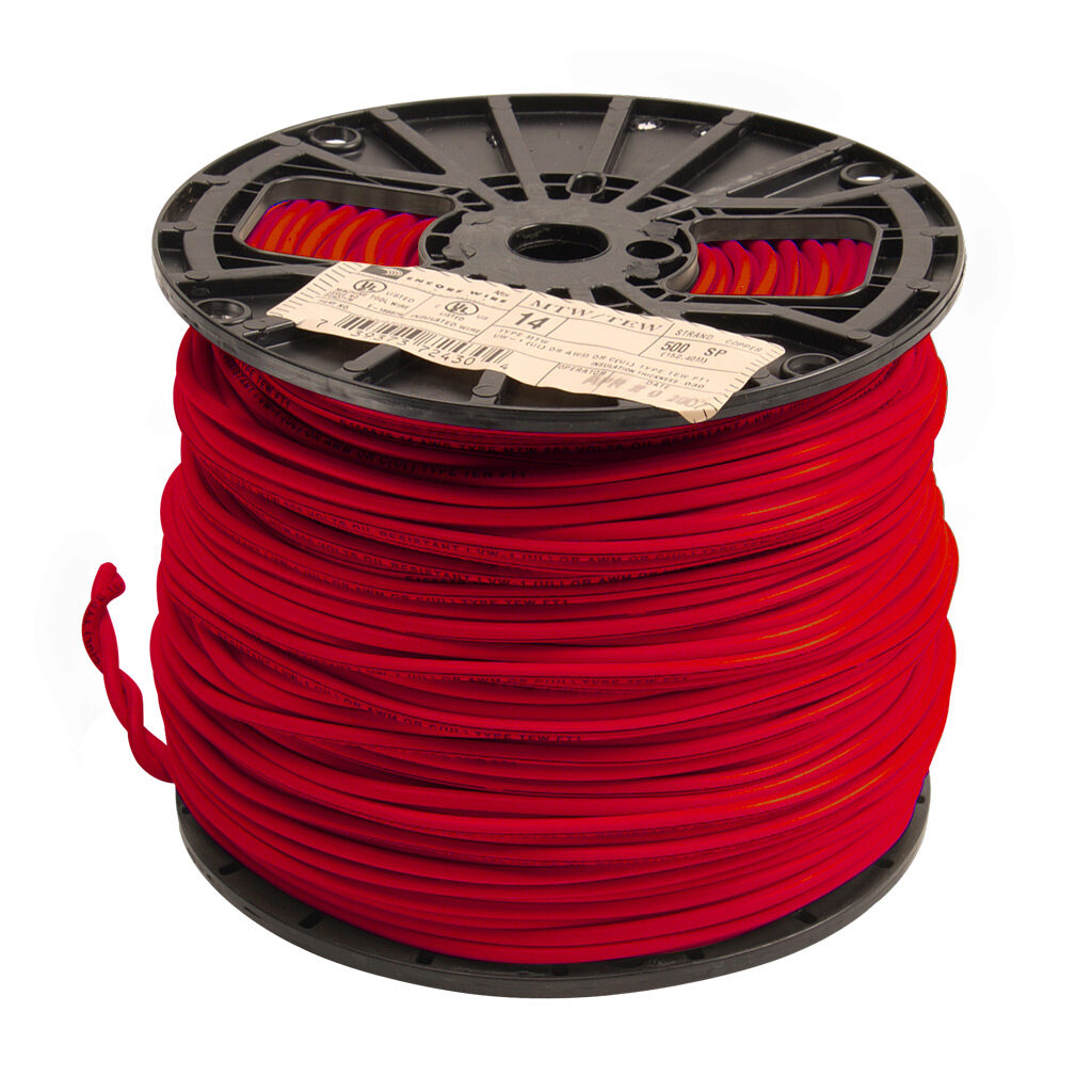 Atlas Wire MTW hook-up wire, single conductor, 14 AWG, 41-stranded, bare copper, PVC conductor insulation material, red, 600V, 1000ft spool.-MTW14RD10