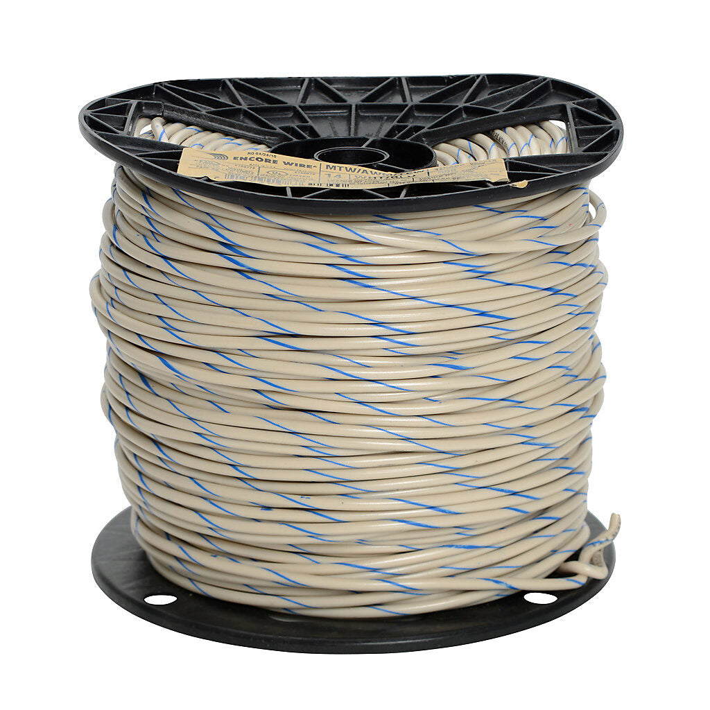 Atlas Wire MTW hook-up wire, single conductor, 14 AWG, 41-stranded, bare copper, PVC conductor insulation material, white with blue stripe, 600V, 500ft spool.-MTW14WB